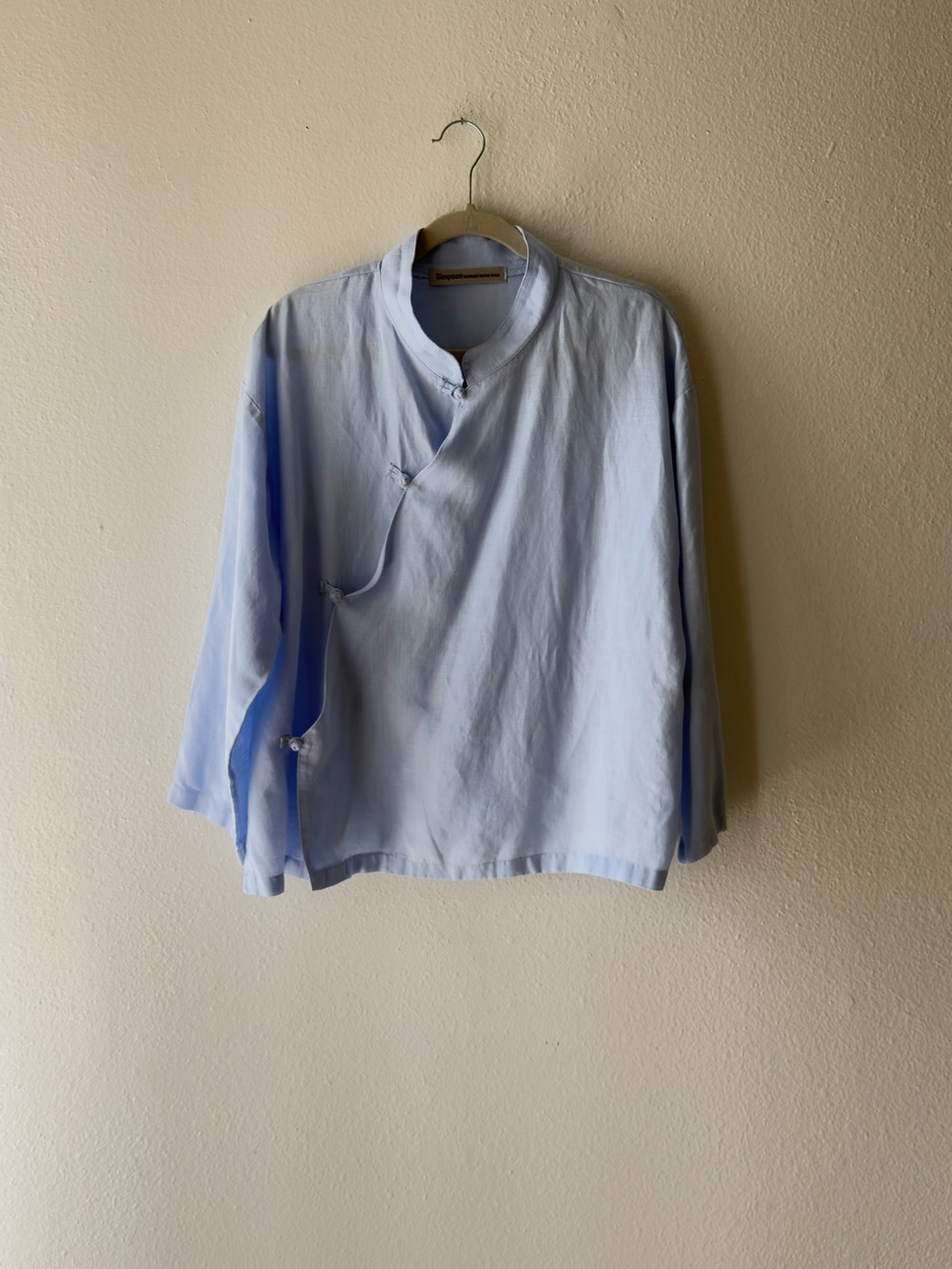 Light Blue Mandarin Collar Tie-Front Blouse - Classic Women's Top